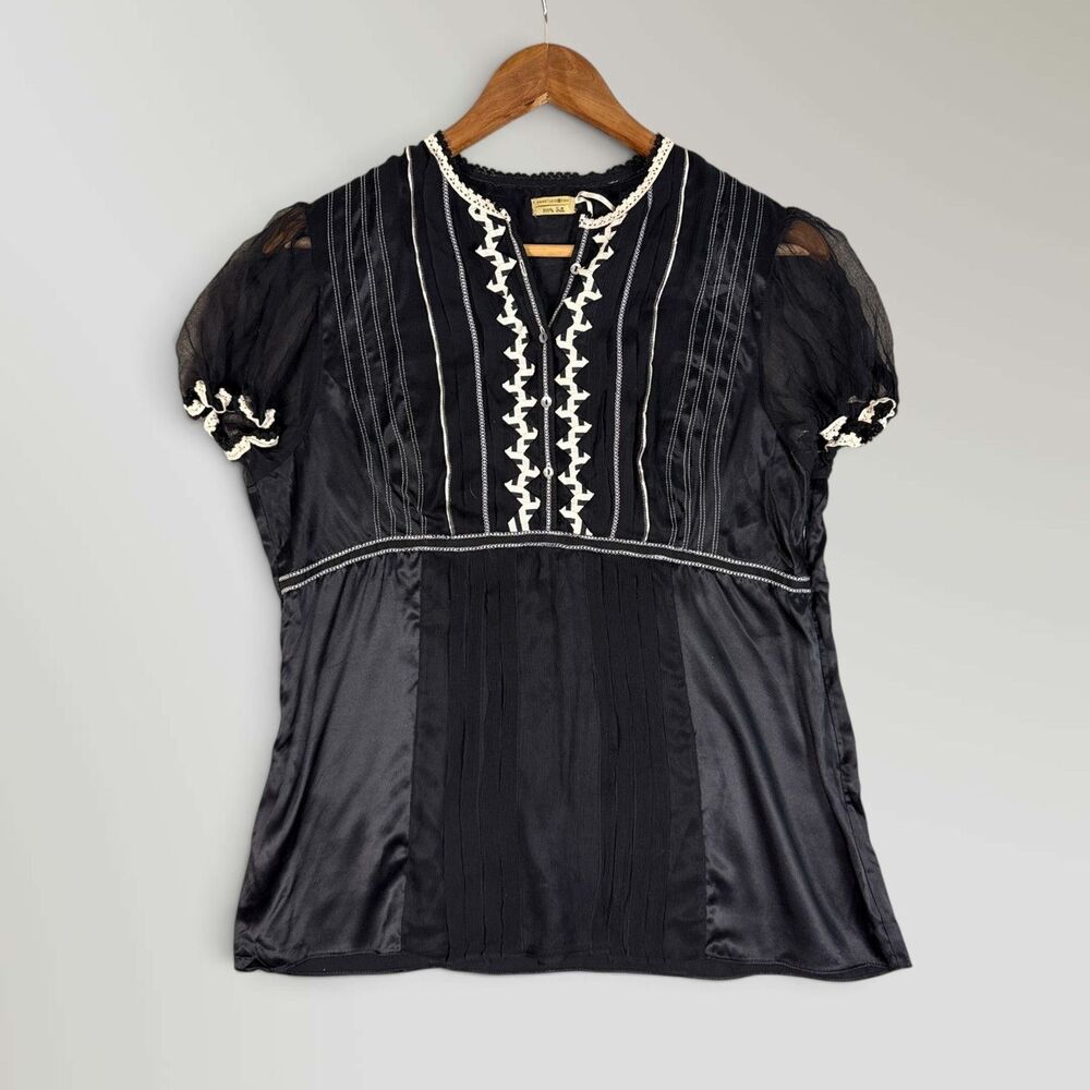 Max Studio 100% Silk Blouse Black Boho Sheer Puff Sleeve Crochet Trim Size Lrg